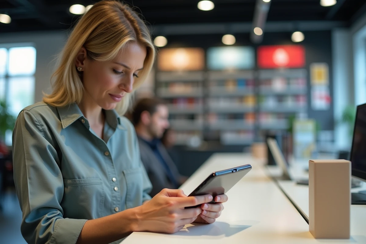 Femme compare deux smartphones reconditionnes en magasin