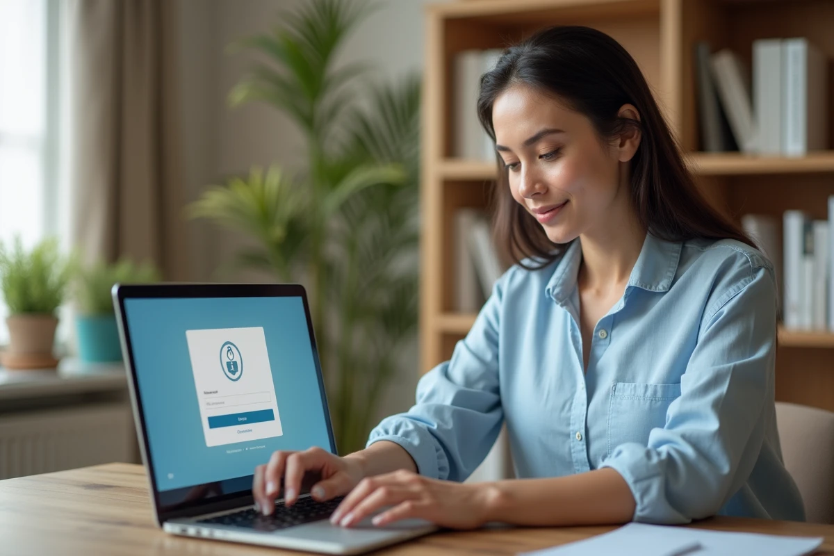 Femme connectée à son espace personnel UHA e-Service sur un ordinateur portable dans un bureau à domicile