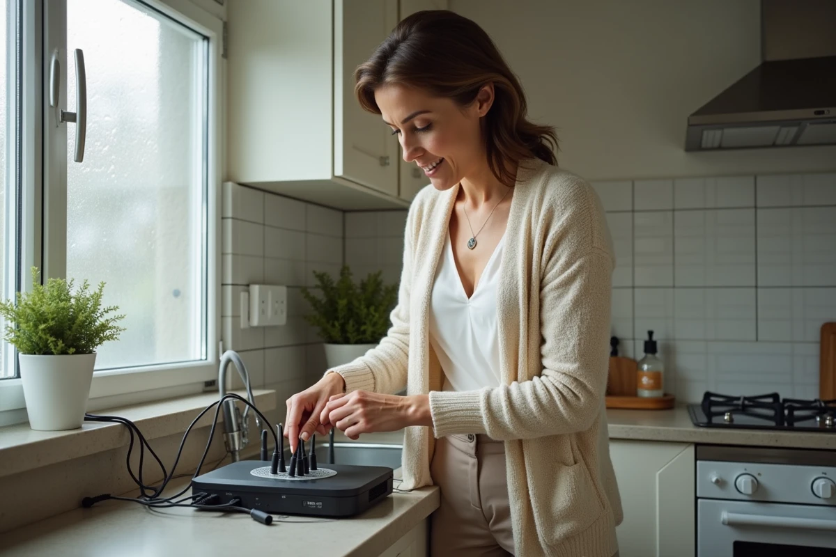 Femme débranchant un routeur dans la cuisine lumineuse