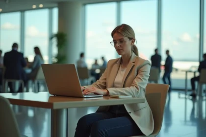 Femme consultant ses emails AOL sur un ordinateur portable dans un aéroport international en voyage