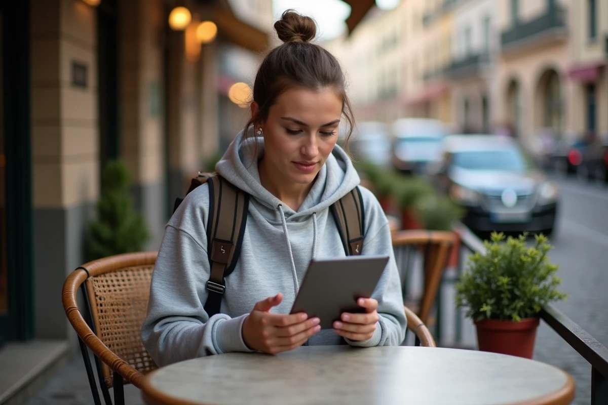 Jeune femme accédant à ses emails AOL sur tablette en terrasse de café lors d'un voyage en Europe