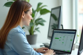 Femme utilisant Excel pour calculer des soustractions d'heures sur un ordinateur portable en open space
