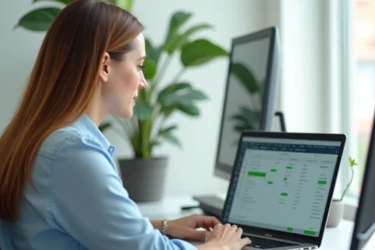 Femme utilisant Excel pour calculer des soustractions d'heures sur un ordinateur portable en open space