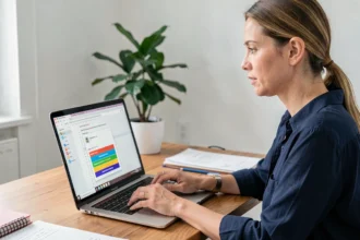 Femme utilisant l'extension LanguageTool sur un ordinateur portable dans un bureau à domicile pour corriger son français