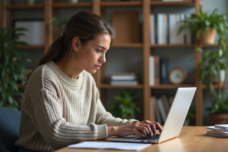 Jeune femme remplissant un formulaire sur son ordinateur à la maison