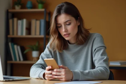 Femme consultant son historique Google sur smartphone avec une expression préoccupée dans un bureau à domicile