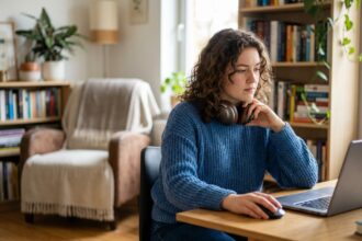 Jeune femme en bureau à domicile avec ordinateur et casque