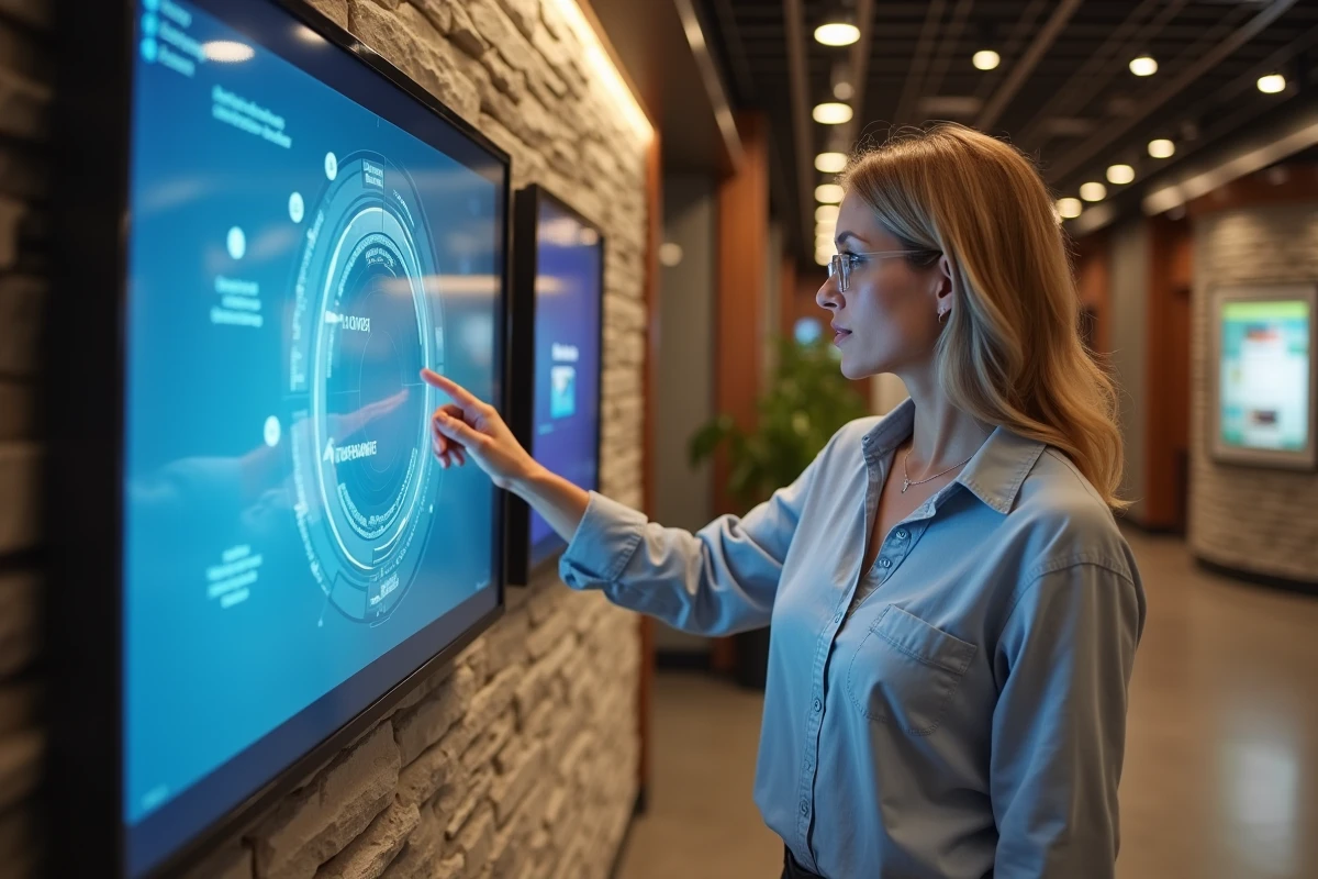 Femme en smartcasual interagissant avec un panneau digital dans le lobby