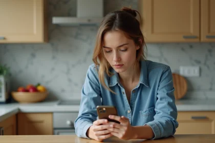 Jeune femme regardant son iPhone dans la cuisine