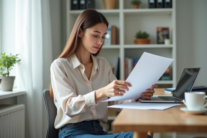 Jeune femme examine un document dans un bureau lumineux