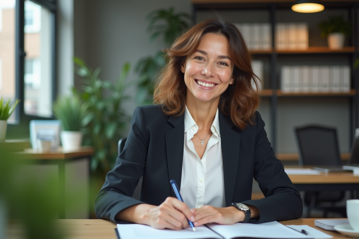 Femme marketing souriante travaillant sur son rapport CRM