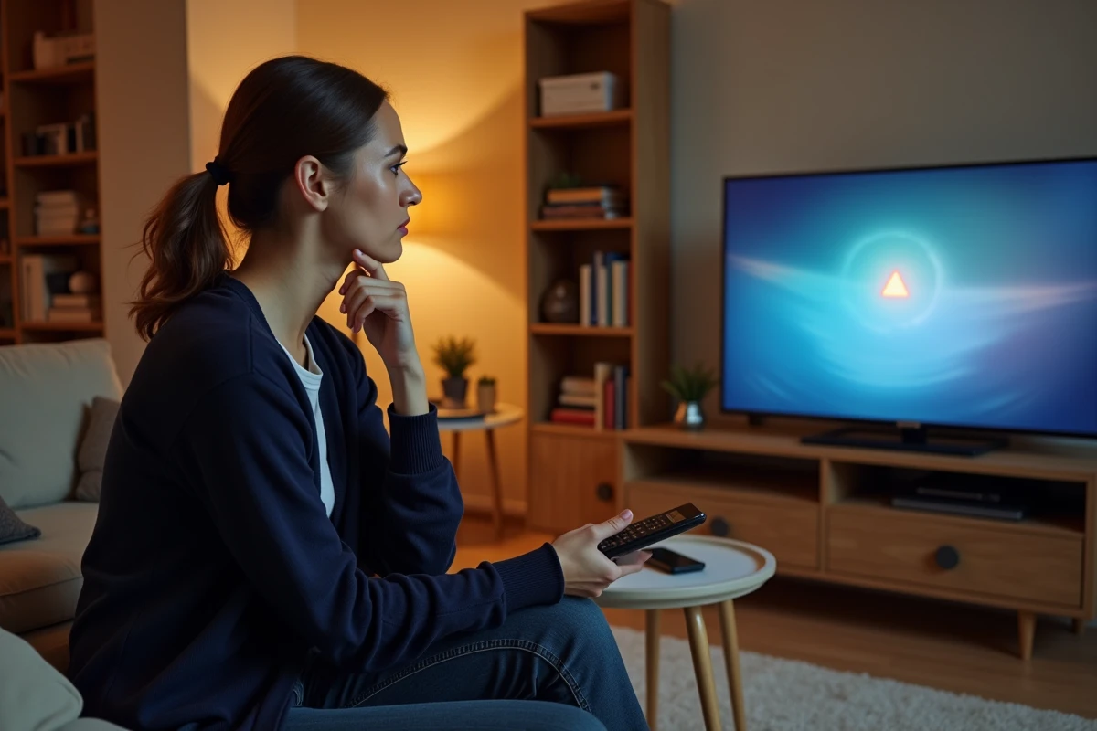 Femme consultant un message d'erreur affiché sur sa télévision Orange depuis son canapé