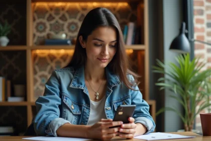Jeune femme marocaine utilisant une application de carte SIM virtuelle