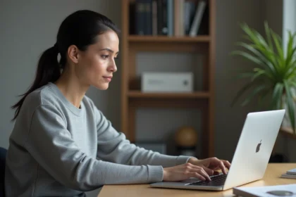 Femme utilisant un navigateur web avec VPN intégré sur un ordinateur portable dans un bureau à domicile minimaliste