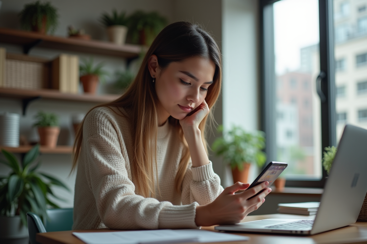 Femme assise à un bureau moderne vérifiant son smartphone