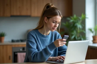 Femme assise à la cuisine avec ordinateur et smartphone