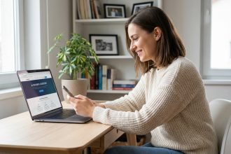 Jeune femme souriante utilisant un ordinateur dans un bureau à domicile