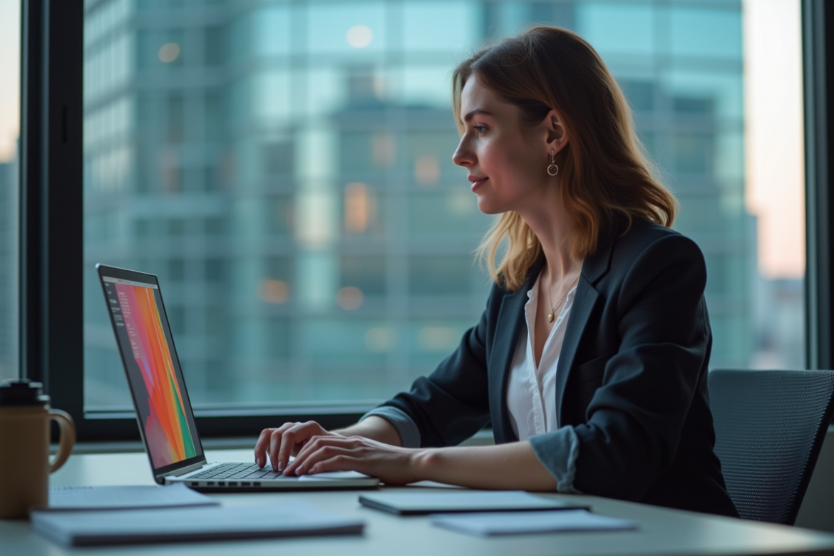 Femme concentrée utilisant un ordinateur avec interface lowcode