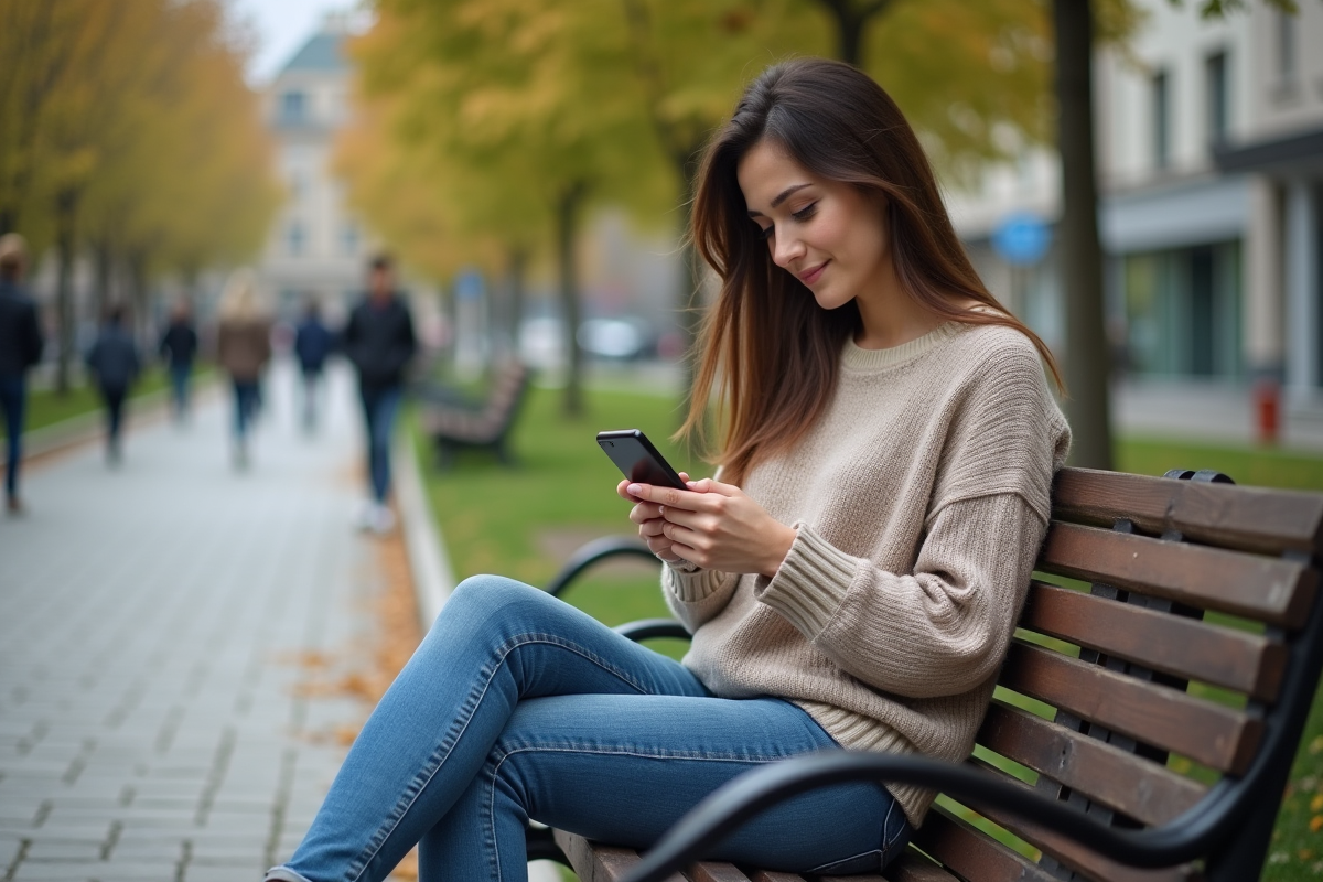Femme assise sur un banc de parc urbain avec son téléphone