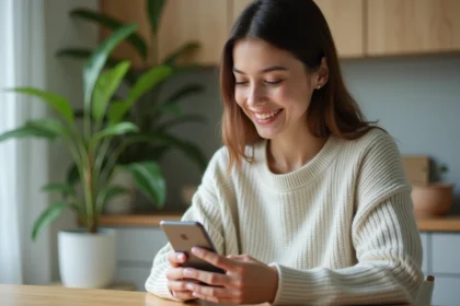 Femme souriante personnalise WhatsApp sur son smartphone