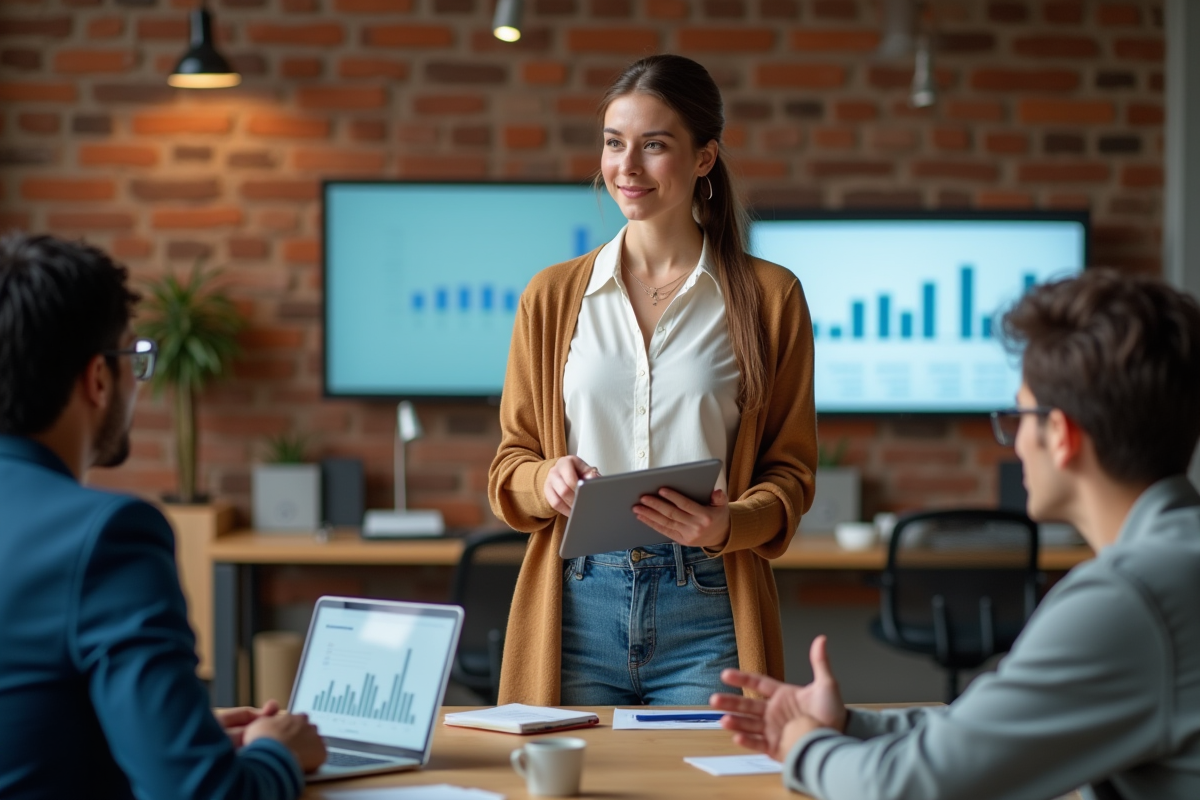 Femme présentant des graphiques sur une tablette lors d