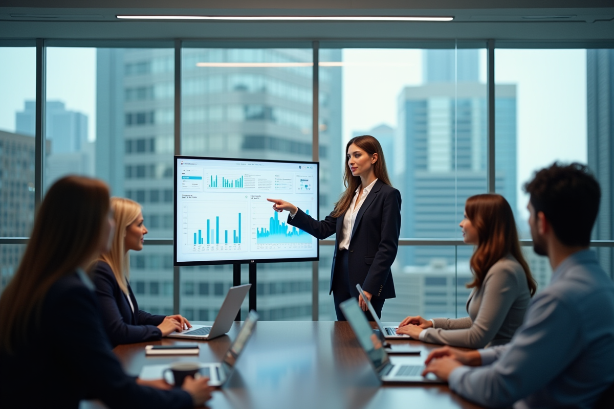 Femme professionnelle présentant des analyses SEO sur un grand écran