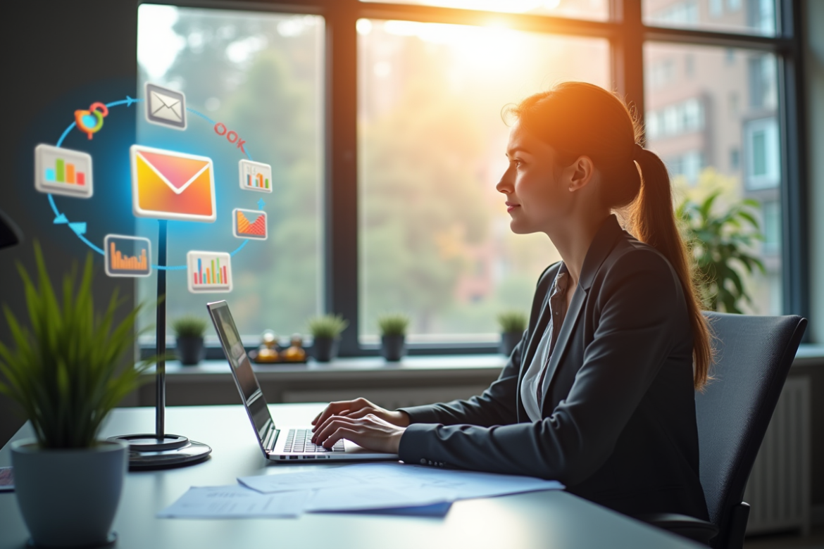 Jeune femme professionnelle travaillant sur un ordinateur dans un bureau lumineux