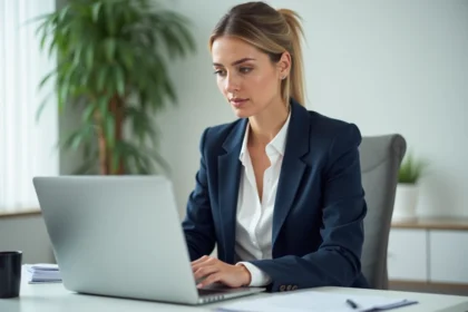 Femme professionnelle utilisant une adresse Gmail jetable sur son ordinateur portable dans un bureau moderne