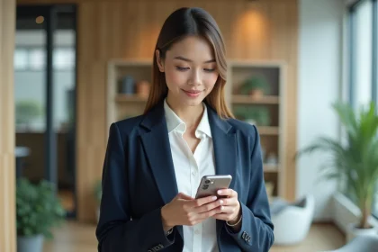 Jeune femme professionnelle utilisant un smartphone dans un bureau moderne