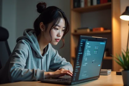 Jeune femme consultant les réglages avancés Chrome flags sur un ordinateur portable dans un bureau minimaliste