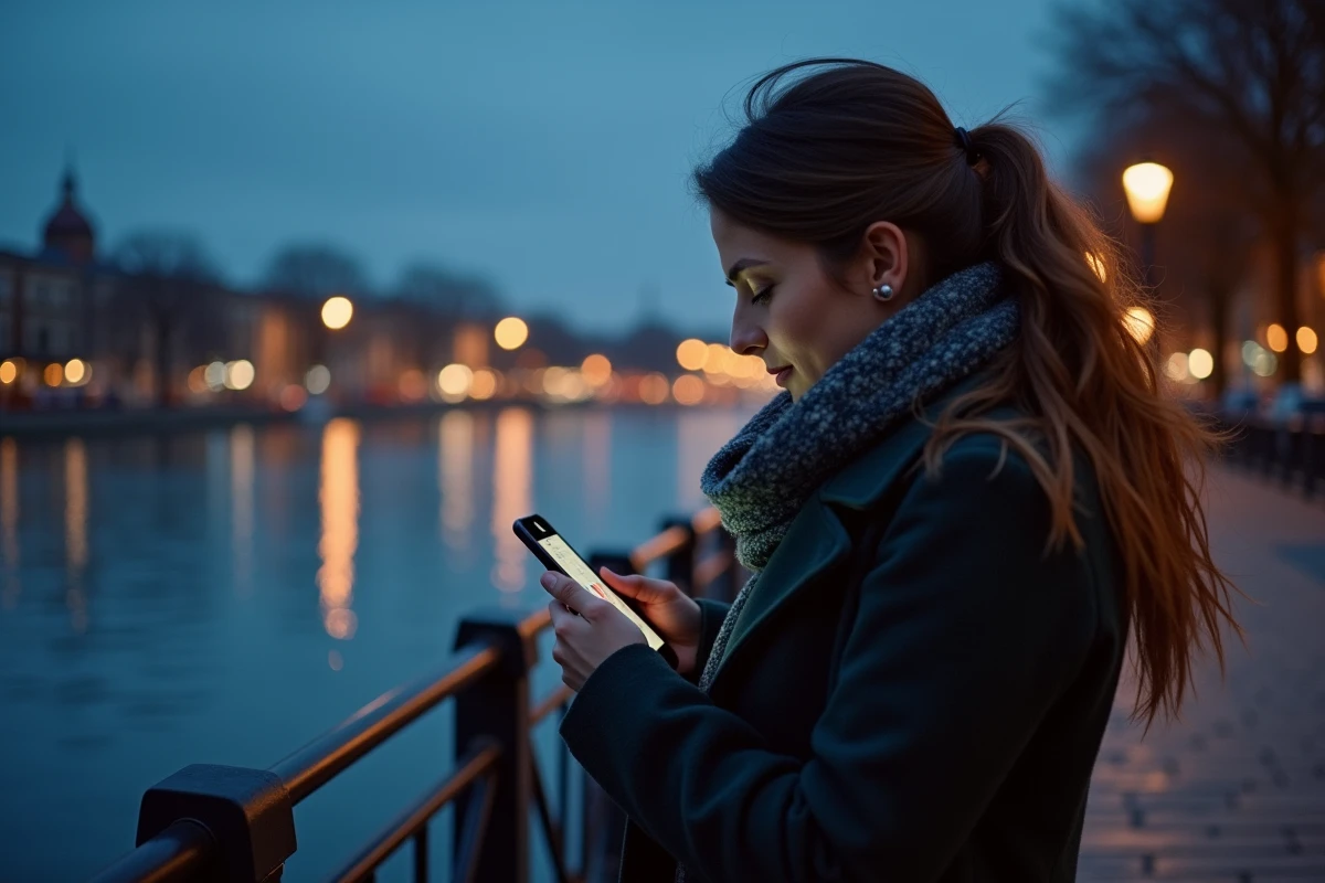 Femme regardant son smartphone au bord de la rivière au crépuscule