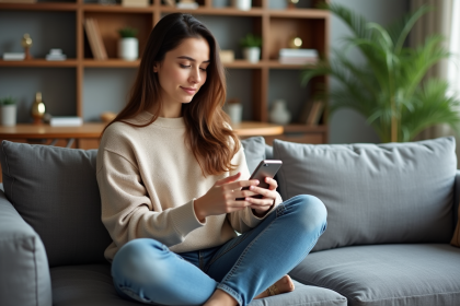 Jeune femme assise sur un canapé avec smartphone dans un salon cosy