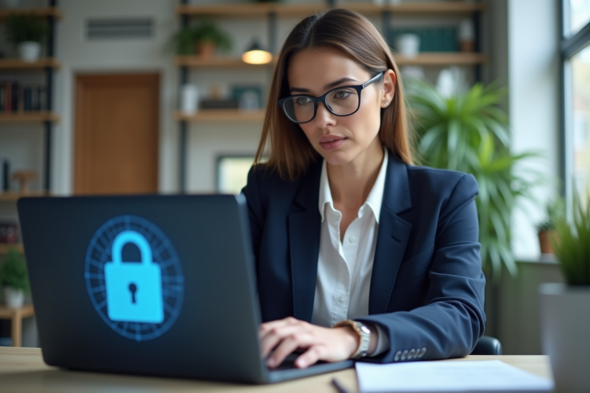 Femme d affaires concentrée sur son ordinateur avec cadenas digital