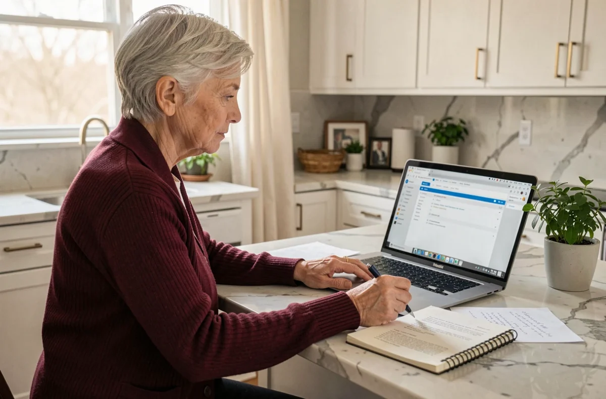 Femme senior en télétravail prenant des notes à côté d'un ordinateur affichant un webmail dans une cuisine aménagée en espace de travail