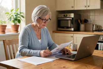 Femme de 65 ans apprenant l'informatique avec un cours débutant en PDF imprimé posé à côté d'un ordinateur portable dans une cuisine chaleureuse