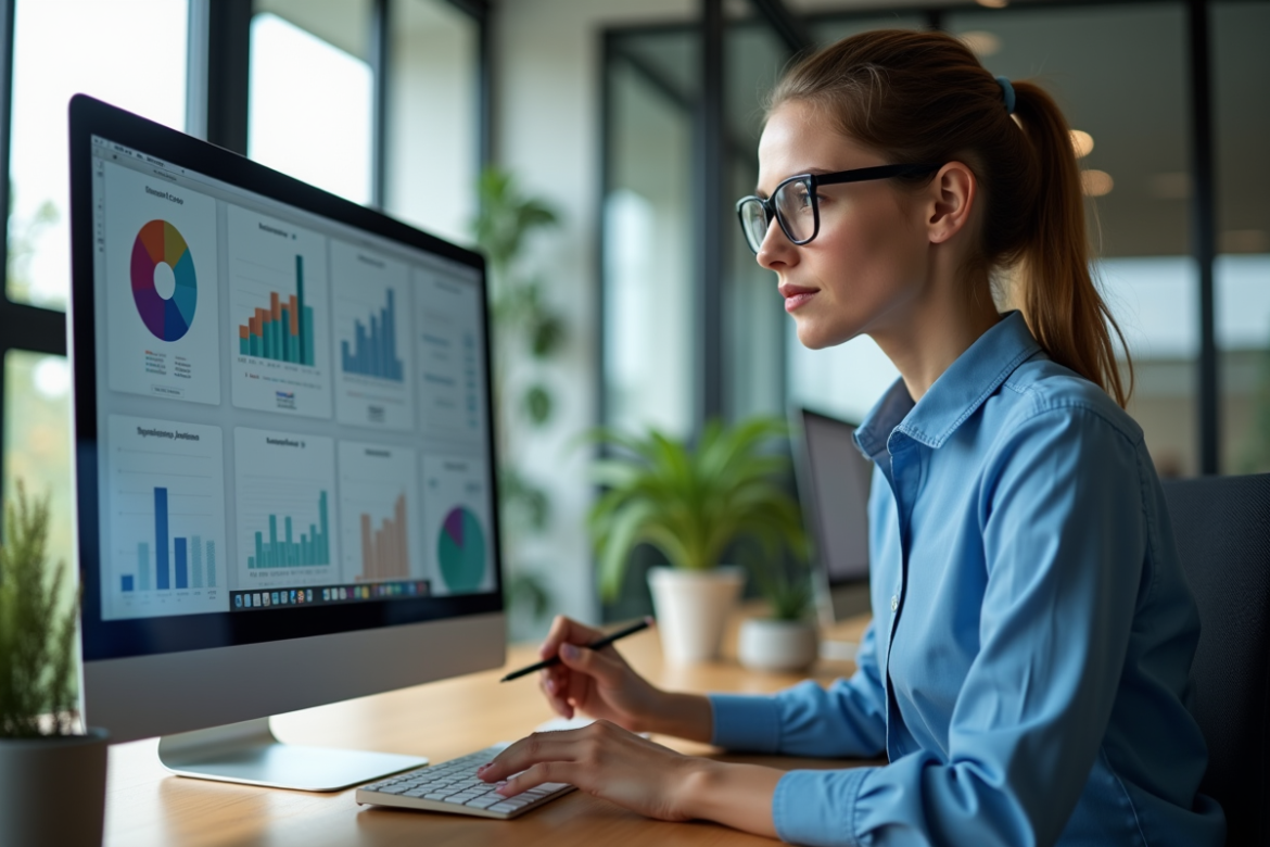 Jeune femme professionnelle analysant des KPI SEO