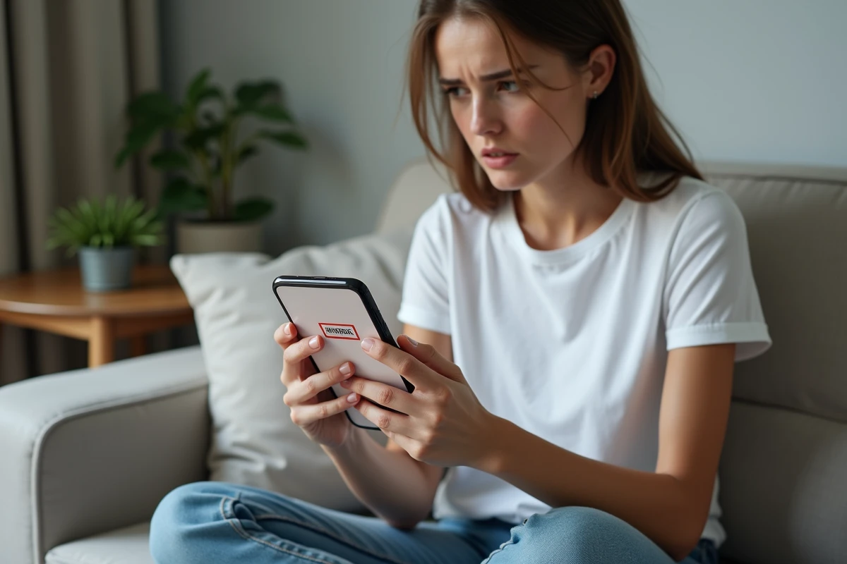 Jeune femme sur un canapé regardant une notification d'alerte sur son smartphone concernant un faux site de messagerie temporaire, représentant les dangers des clones et imitations de Yopmail