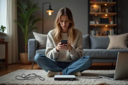 Femme assise sur le sol avec modem Freebox en erreur