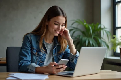 Femme regardant son smartphone dans un bureau à domicile