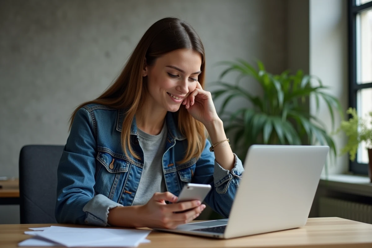 Femme regardant son smartphone dans un bureau à domicile