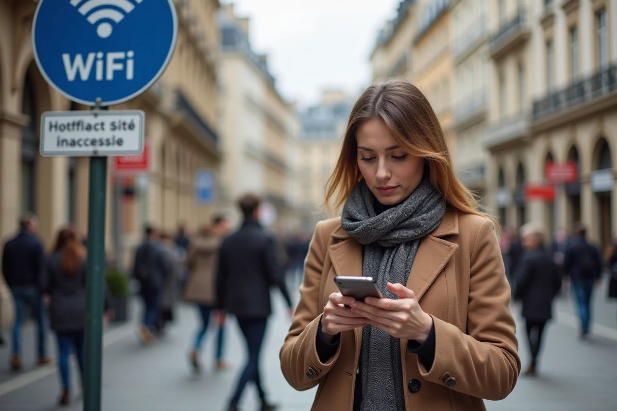Femme perplexe utilisant son smartphone devant un hotspot WiFi à Paris