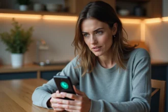 Femme tenant un smartphone affichant WhatsApp avec le cercle bleu Meta AI visible à l'écran, expression intriguée