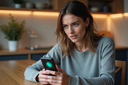Femme tenant un smartphone affichant WhatsApp avec le cercle bleu Meta AI visible à l'écran, expression intriguée