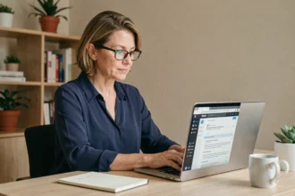Femme professionnelle en télétravail consultant ses emails sur un webmail depuis un bureau à domicile bien organisé