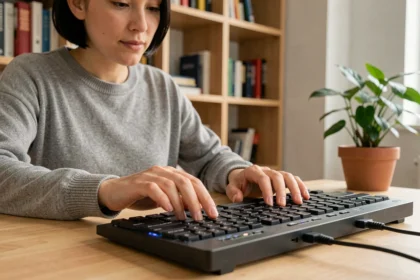 Femme appuyant sur la touche Shift d'un clavier mécanique dans un bureau à domicile minimaliste