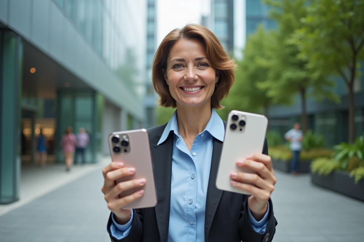 Femme d affaires tenant deux téléphones en extérieur urbain