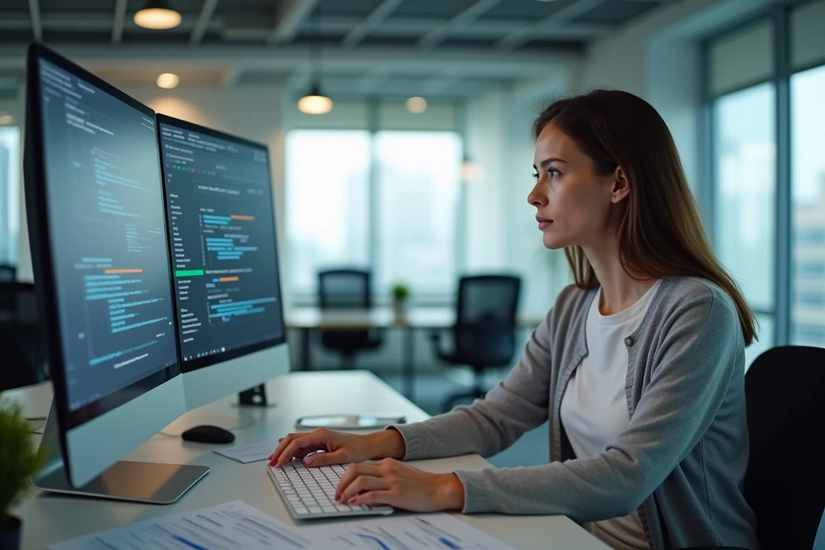 Femme regardant des réglages vidéo sur un grand moniteur au bureau