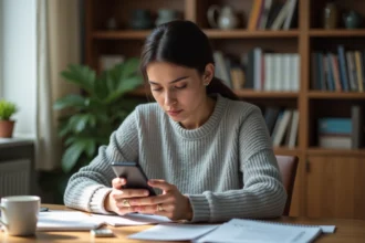 Femme examinant attentivement un Samsung Galaxy A25 avant un achat en ligne pour éviter les erreurs courantes