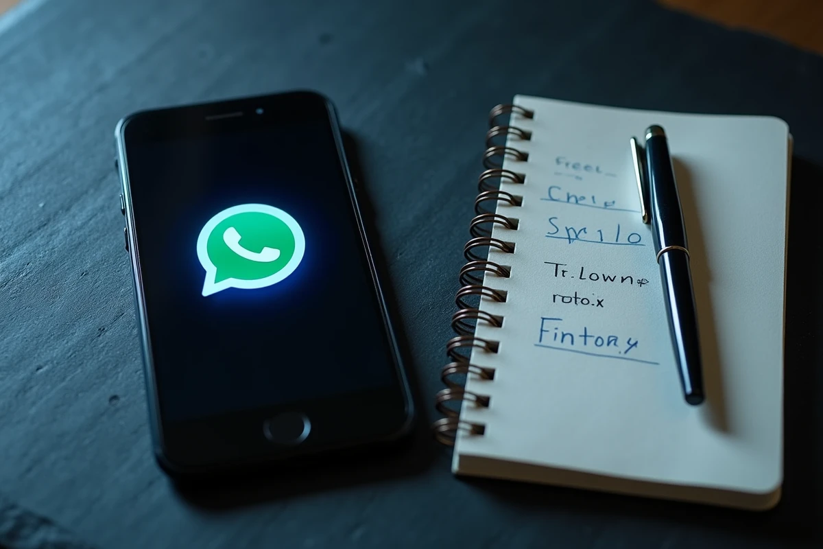 Vue du dessus d'un smartphone affichant le cercle bleu Meta AI sur WhatsApp avec un carnet de notes sur la vie privée numérique
