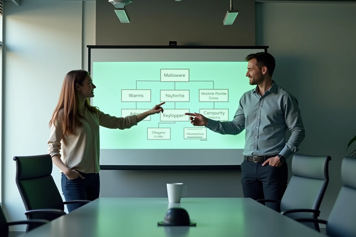 Formateurs en cybersécurité expliquant la taxonomie des logiciels malveillants devant un écran de présentation en salle de formation